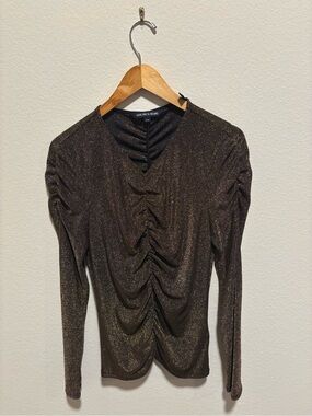 Veronica Beard Metallic Ruched Long-Sleeve Top Bronze gold Neeta
